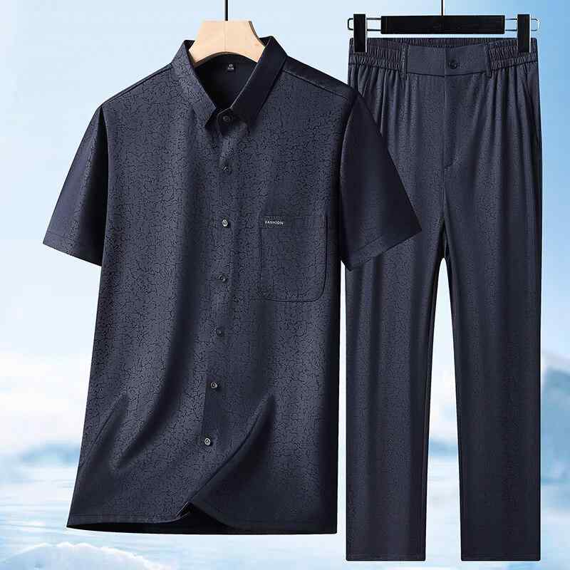 セットアップ メンズ シニア 中高年 唐装 チャイナ服 中国風 接触冷感 半袖シャツ 半袖トップス ポリエステル サテン調 光沢素材 高級感 カジュアル リラックスウェア 普段使い 日常着 ブラック 紺色