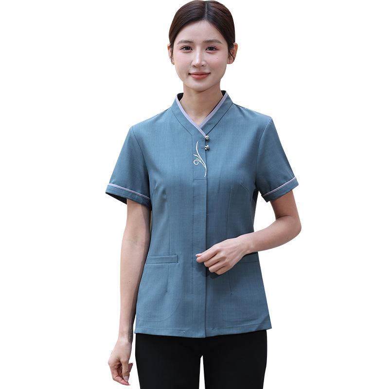 清掃服 男女兼用 メンズ レディース 半袖 夏用 吸湿速乾 ポリエステル スタンドカラー 作業服 ホテル 物件管理 ビルメンテナンス 商業施設 サービス業 業務用 ワークウェア グリーン ブルー グレー