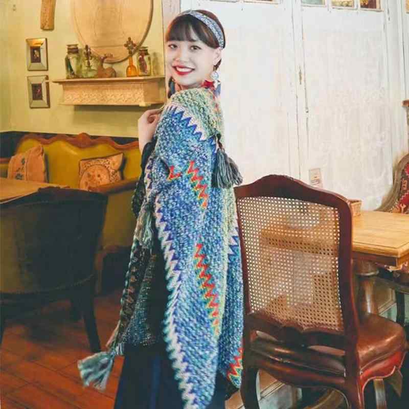 ショール レディース 民族風 エスニック レトロ ポンチョ ケープ ストール マフラー 大判 羽織り フェイクカシミヤ カシミヤタッチ 暖かい 防寒 フリンジ 写真映え 旅行 アウトドア 普段使い 赤系 青系 グレー マルチカラー