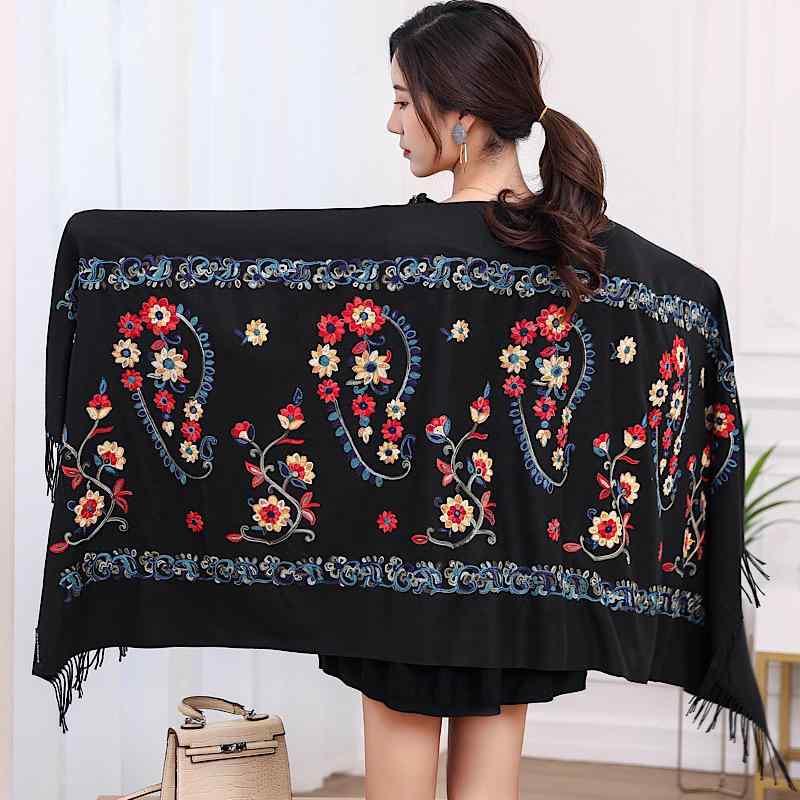 ストール レディース 花柄刺繍 エスニック柄 カシミヤ調 厚手 大判 防寒 フリンジ ショール マフラー ナイロン ポリエステル オフィス カジュアル 通勤 普段使い