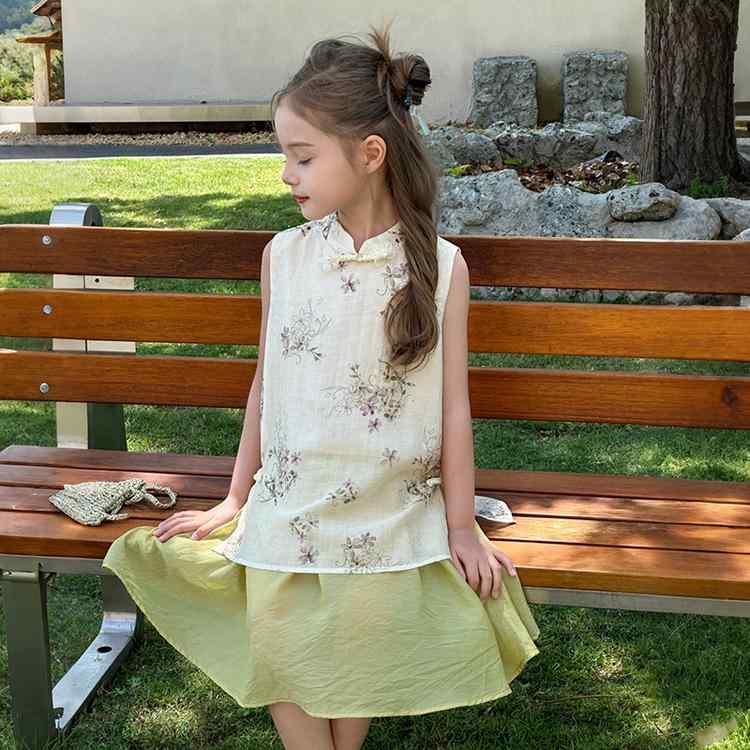 キッズ 女の子 ワンピース ドレス 夏 サマー 花柄 チャイナ風 ライン Aライン ノースリーブ チーパオ テンセル ライオセル サテン 光沢 エレガント 上品 柔らかい 吸湿速乾 接触冷感 お出かけ 普段使い