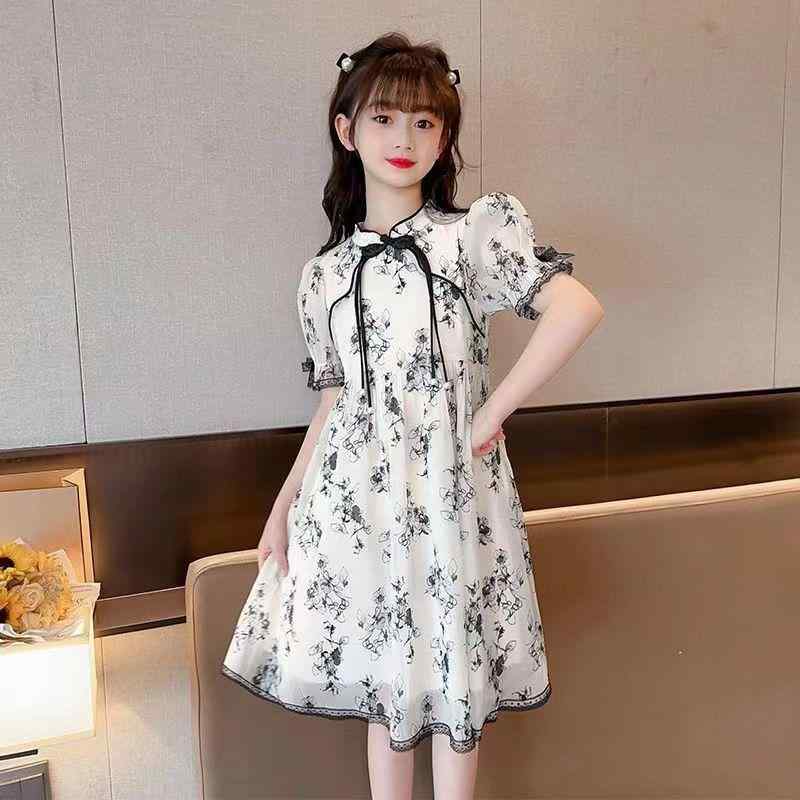 キッズ 女の子 ジュニア ワンピース ドレス 水墨画柄 チャイナドレス風 古風 ライン フレアスカート 半袖 夏服 シフォン シルク混 上品 エレガント かわいい 発表会 普段着 リゾート