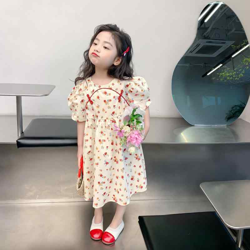 ワンピース キッズ 女の子 中華風 チャイナドレス 小花柄 レトロ ヴィンテージ 薄手 綿素材 半袖 ライン ピンク 夏服 普段使い お出かけ おしゃれ