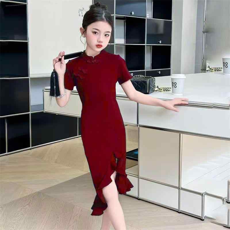 ワンピース 女の子 子供服 ジュニア 中国風 ネオチャイニーズスタイル スリムフィット 半袖 マーメイドライン コーデュロイ Aラインスカート チャイナドレス風 夏物 4,503円