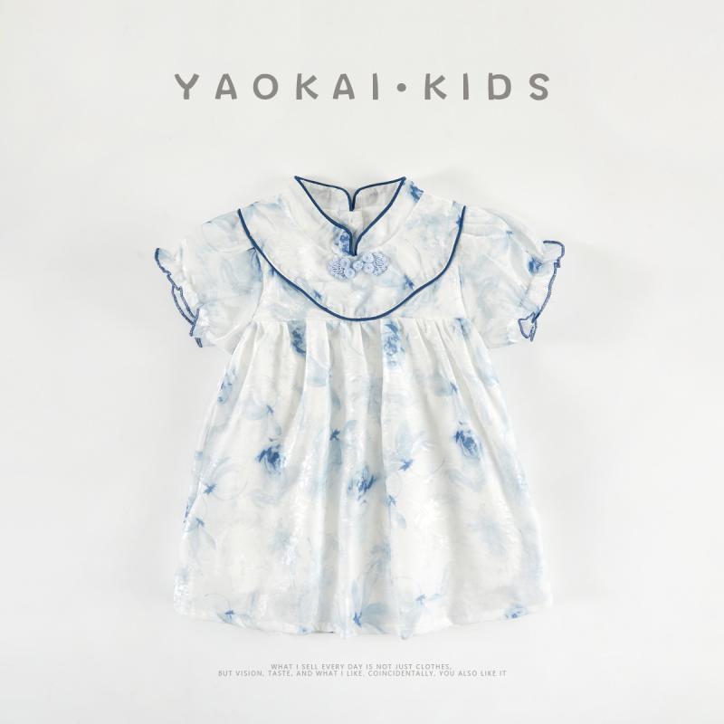ワンピース 女の子 ベビー キッズ 夏服 チャイナドレス風 1歳 誕生日 礼服 薄手 ポリエステル 綿裏地 花柄 半袖 Aライン ブルー