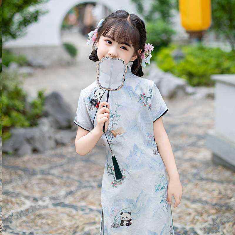 ワンピース 女の子 子供服 ジュニア 夏 半袖 チャイナドレス 漢服 中華風 民族風 エスニック シルク 絹 パンダ柄 Aライン フレア お出かけ カジュアル リゾート