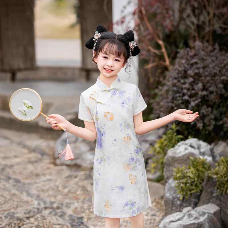 ワンピース キッズ 女の子 チャイナドレス 漢服 新チャイナ風 夏物 薄手 お姫様 猫柄 動物柄 タッセル 花ボタン ポリエステル裏地 柔らか素材 中国風 オフホワイト アイボリー
