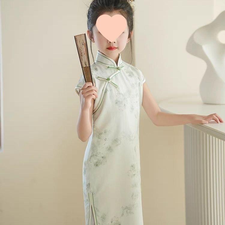チャイナドレス ワンピース 女の子 キッズ 子供 ジュニア 夏物 薄手 清涼感 中華風 桑蚕シルク 民族衣装 ファッションショー 古筝発表会 舞台衣装 普段着 カジュアル 緑 グリーン