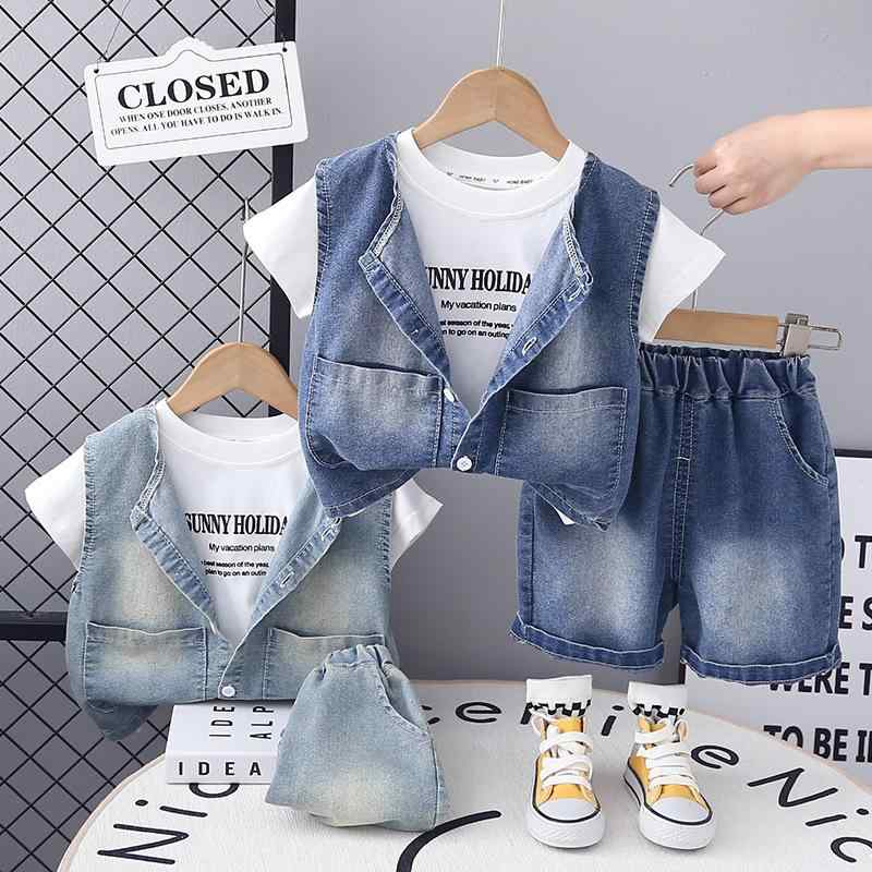 キッズ 男の子 夏 ベビー 幼児 半袖 Tシャツ デニムベスト ショートパンツ カジュアル セットアップ 3点セット かっこいい おしゃれ 綿 コットン 柔らか 普段使い お出かけ ライトブルー ダークブルー 青系