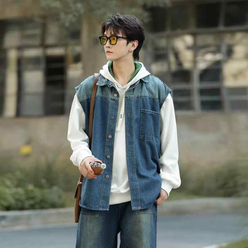 デニムベスト メンズ オールシーズン ゆったり ビッグシルエット アメカジ ストリート ワイルド カジュアル 着回し力抜群 多機能ポケット 襟付き 前開き アイロン不要 綿混デニム生地 ブルー ネイビー