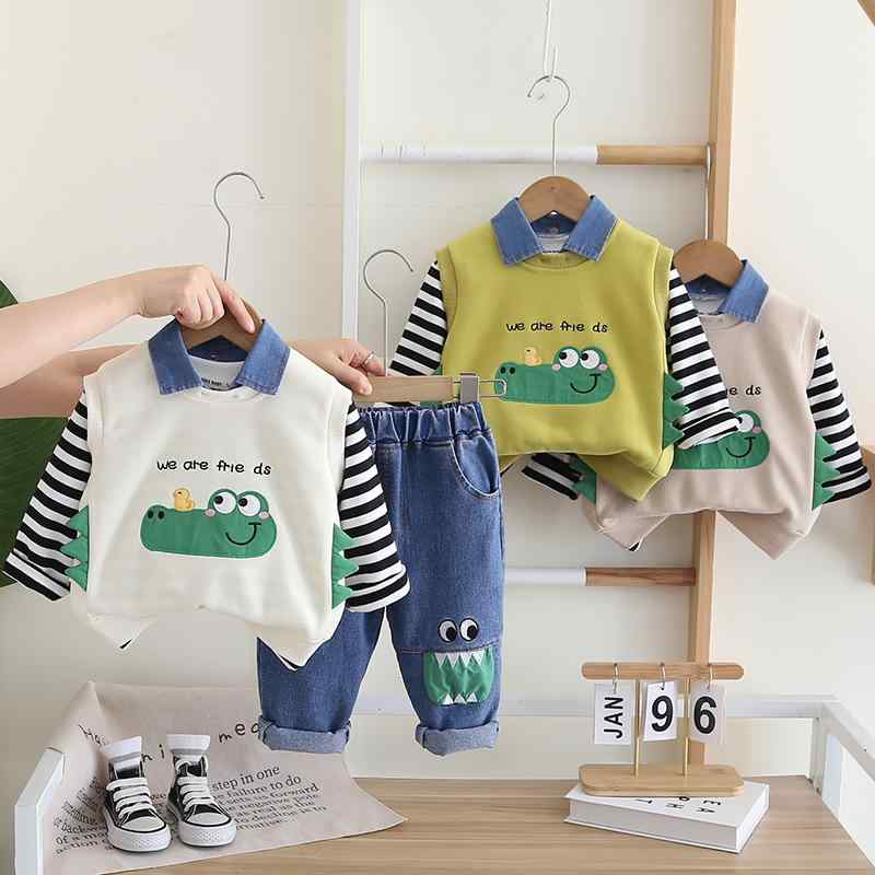子供服 男の子 ベスト 長袖トップス デニムパンツ 3点セット 春秋 カジュアルウェア カートゥーンアニマル柄 ストライプ柄 綿 コットン 柔らか素材 ロングパンツ グリーン ベージュ ホワイト