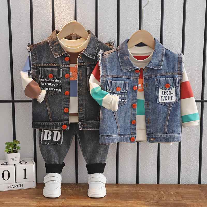 キッズ ベビー服 男の子 ボーイズ 春秋冬 デニムベスト 長袖Tシャツ ロンT ロングパンツ 3点セット セットアップ 1歳 2歳 3歳 4歳 幼児 コットン 綿 カジュアル おしゃれ かわいい 韓国ファッション グレー ブルー