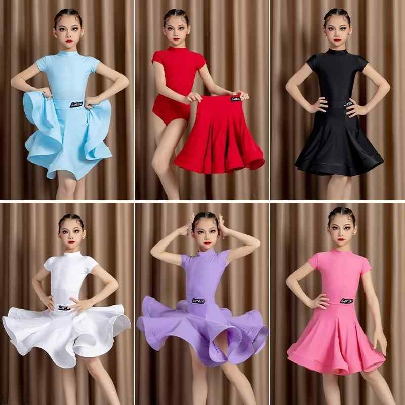 ラテンダンス服 キッズ 女の子 子供用 ラテン服 ダンスウェア 競技用 規定試合着 発表会 ステージ衣装 上下セット セパレート プロ仕様 高級感 ポリエステル繊維 柔軟 ストレッチ スカイブルー レッド ブラック ホワイト パープル ピンク