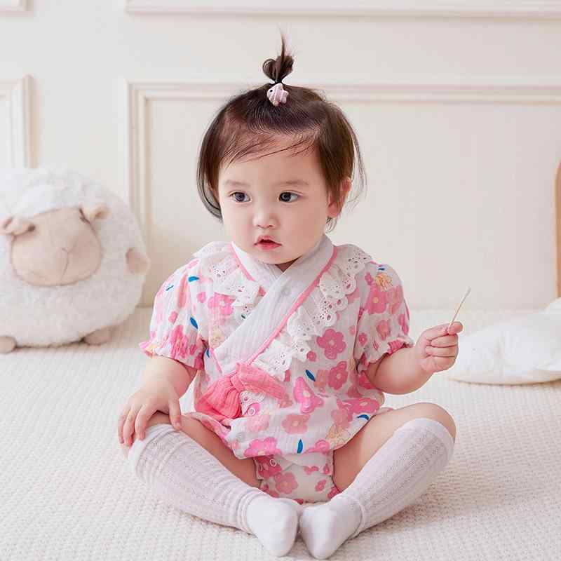 ロンパース ベビー 女の子 新生児 夏用 薄手 涼しい 純綿 コットン100% 天然素材 肌に優しい ノースリーブ 三角ボディスーツ スナップボタン留め ピンク 花柄 かわいい 甜美スタイル お出かけ 普段使い 部屋着 赤ちゃん服