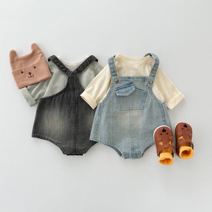 ロンパース ベビー 赤ちゃん 男女兼用 デニム サロペット コットン オーバーオール ノースリーブ 韓国風 ポケット付き ショート丈 ライトブルー 黒 春夏秋 普段着