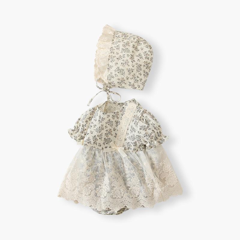 ロンパース ベビー 女の子 新生児 赤ちゃん 夏物 夏服 半袖 レース フリル 小花柄 フラワープリント フード付き フード取り外し可能 綿 コットン 薄手 薄地 プリンセススタイル かわいい スナップボタン カバーオール ボディスーツ