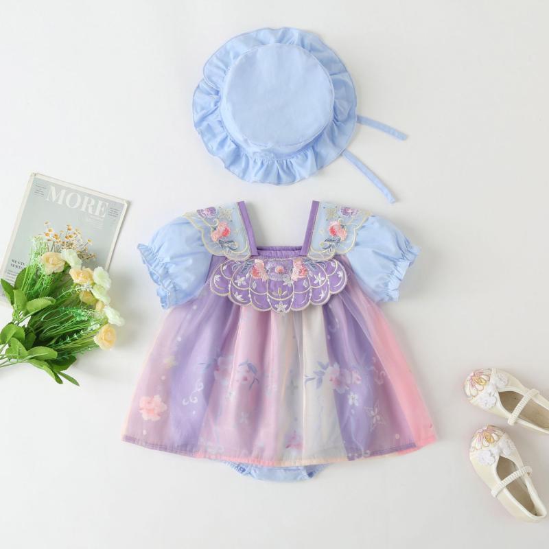 ロンパース 女の子 ベビー 赤ちゃん 幼児 漢服風 古典柄 和装 プリンセスドレス ワンピース 夏服 夏物 薄手 涼しい 肌に優しい 半袖 コットン 綿100% 天然素材 スカイブルー ライトグリーン 水色 薄緑