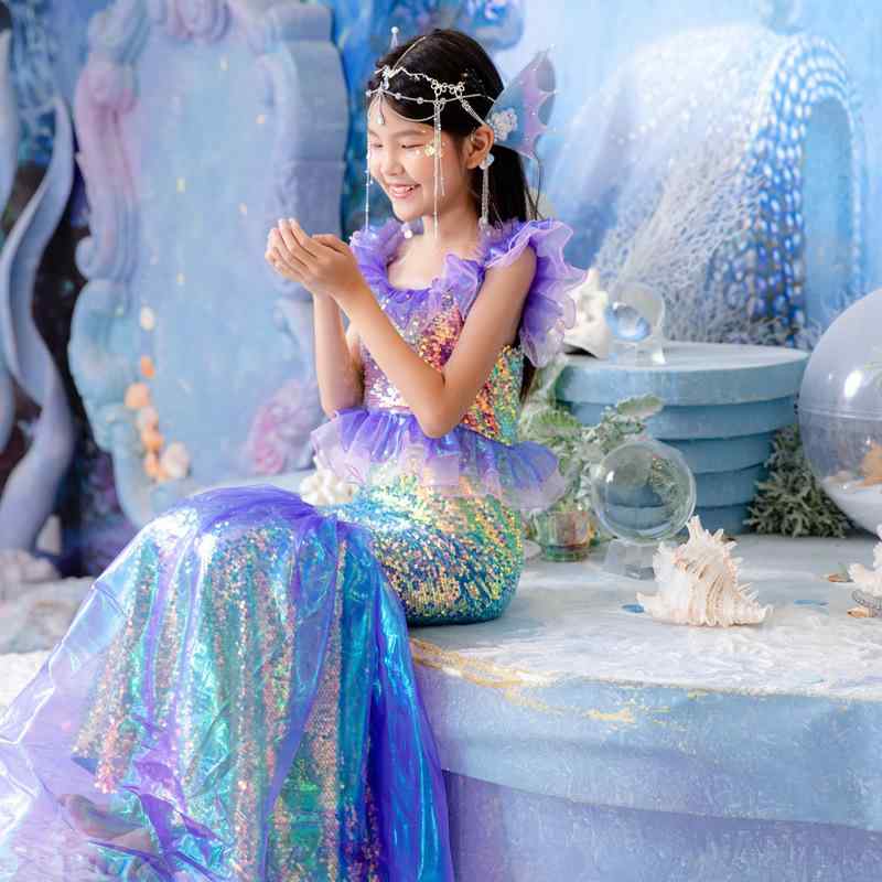 キッズ 女の子 人魚 マーメイド 衣装 ドレス プリンセス 幻彩 鱗 トレーン ビッグリボン 撮影用 発表会 舞台 イベント コットン 綿 夏用 プリーツ加工 幻彩ブルー