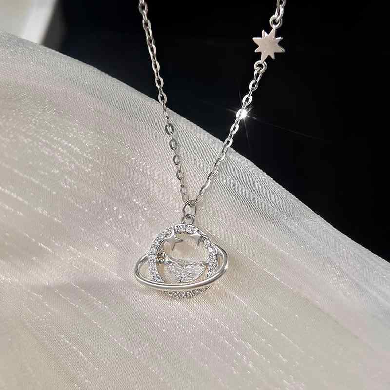 ネックレス レディース S925純銀 スターリングシルバー 宇宙 星河デザイン 鎖骨ネックレス ホワイトゴールドカラー 高級感 上品 エレガント 普段使い オフィス カジュアル フォーマル クロスチェーン ペンダント