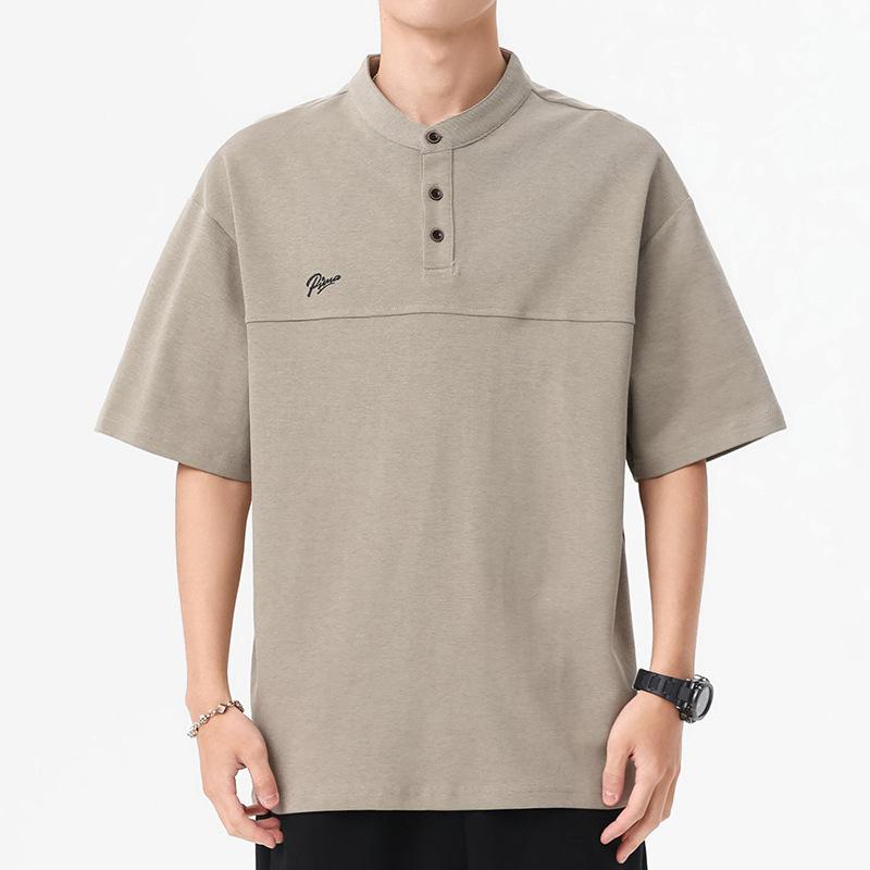 Tシャツ メンズ 男性用 半袖 夏服 ヘンリーネック ロゴ刺繍 厚手 オーバーサイズ ルーズフィット ビッグシルエット ドロップショルダー アメカジ ワークテイスト 吸湿速乾 綿混 無地