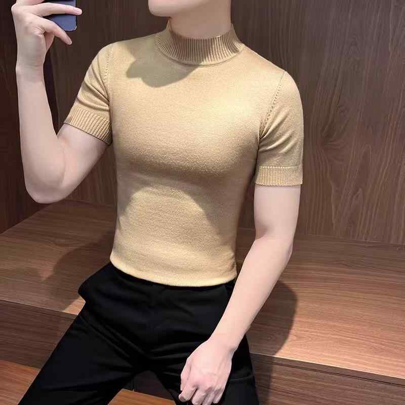 ニットTシャツ メンズ 男性 半袖 モックネック スリム 細身 無地 ソリッドカラー ポリエステル カジュアル 普段着 トップス ブラック ホワイト レッド カーキ