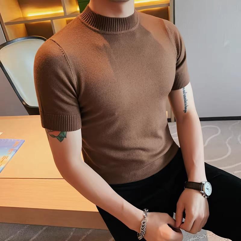Tシャツ メンズ モックネック ハイネック ニット インナー カットソー プルオーバー 半袖 春夏 スリム 細身 無地 綿 大きいサイズ ビッグサイズ
