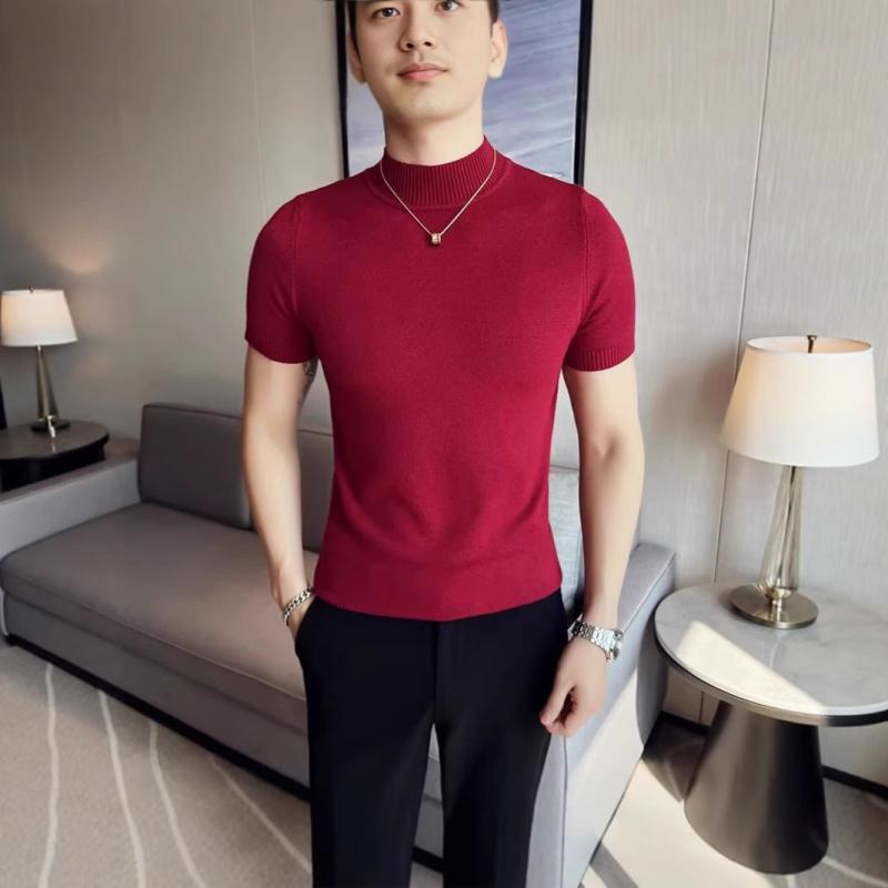 Tシャツ メンズ 半袖 スリムフィット ハイネック ミドルネック ニット カットソー トップス インナー ポリエステル混紡 きれいめカジュアル 普段使い ルームウェア 白 黒 カーキ 赤