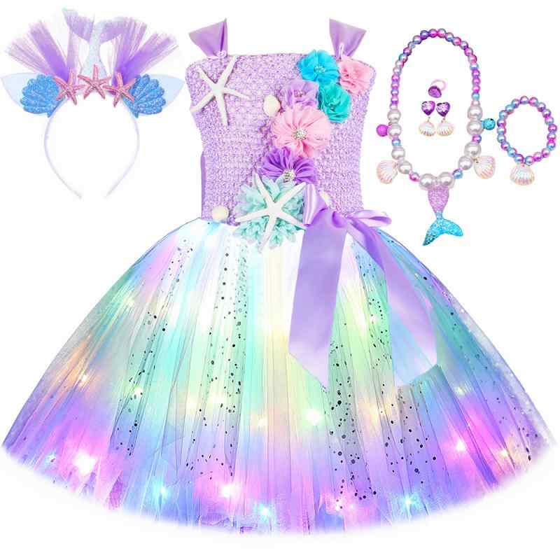 ワンピース 女の子 キッズ マーメイド プリンセスドレス LED 光る チュチュ チュール ふわふわ ボリューム ノースリーブ 膝丈 誕生日 パーティー ハロウィン クリスマス イベント 衣装 ナイロン ポリエステル 花柄