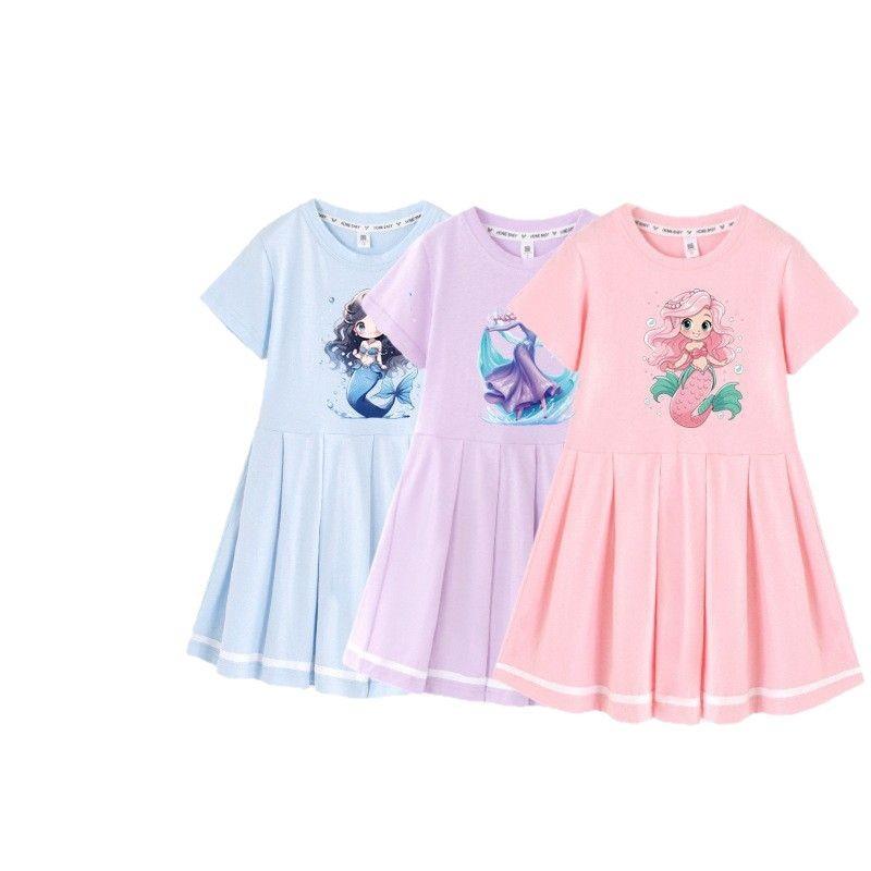 ワンピース ドレス 女の子 キッズ 綿100% コーマ綿 上質コットン 肌触り快適 人魚姫 キャラクタープリント プリンセスデザイン プリーツスカート Aライン フレア 夏物 普段着 お出かけ 誕生日 パーティー 発表会 フォーマル 小学生 幼児