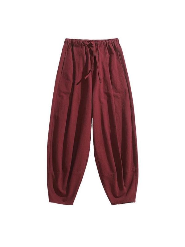 パンツ メンズ 中国風 カジュアルパンツ 裏起毛 ワイドパンツ 綿麻 ラビットファー バルーンパンツ 漢服 太極拳 薄手 通気性 無地 ウォッシュ加工 普段使い リラックスウェア