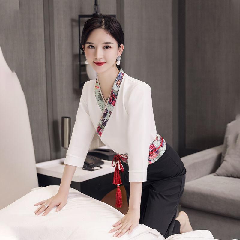セットアップ レディース 女性用 フットケア サロン SPA マッサージ エステ 施術着 制服 ワークウェア 中華風 チャイナ風 半袖 七分袖 トップス 7分丈パンツ クロップドパンツ 吸湿速乾 ポリエステル フリル襟 ペタルスリーブ