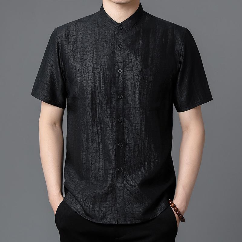 唐装 メンズ 男性用 桑蚕シルク100% 絹 半袖 シャツ 中華風 中国風 高級感 亀甲柄 立ち襟 マオカラー ブラック 黒 普段使い カジュアル ビジネス 中年向け ポケット付き 夏 サマー