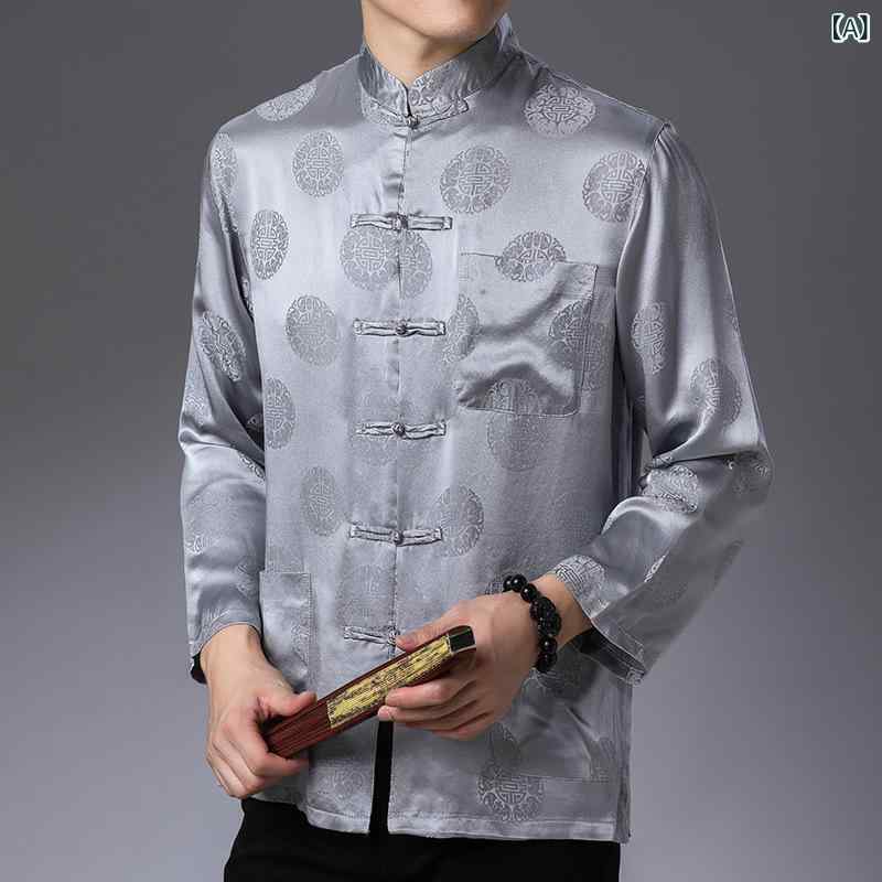 プルオーバー メンズ 年がしら 成人男性用 唐装表現スタイル 中国風 レトロ 古典派音楽 長袖 照明ランプ色合い 夏物 薄っぺら 軽さ 桑蚕絹地 真絲 絹地 通気性 否鉄 点点柄 アウトドア 心地よい 普段使い走り しろがね色 白いこと