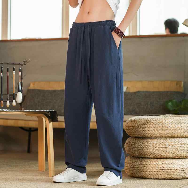 パンツ メンズ 男性用 リネン 麻 ワイドパンツ 中国風 太極拳 カンフー コットンリネン 綿麻 ゆったり ルーズフィット 大きいサイズ ビッグサイズ レトロ ヴィンテージ ロング丈 夏用 涼しい グレー ブラック カーキ ホワイト ネイビー