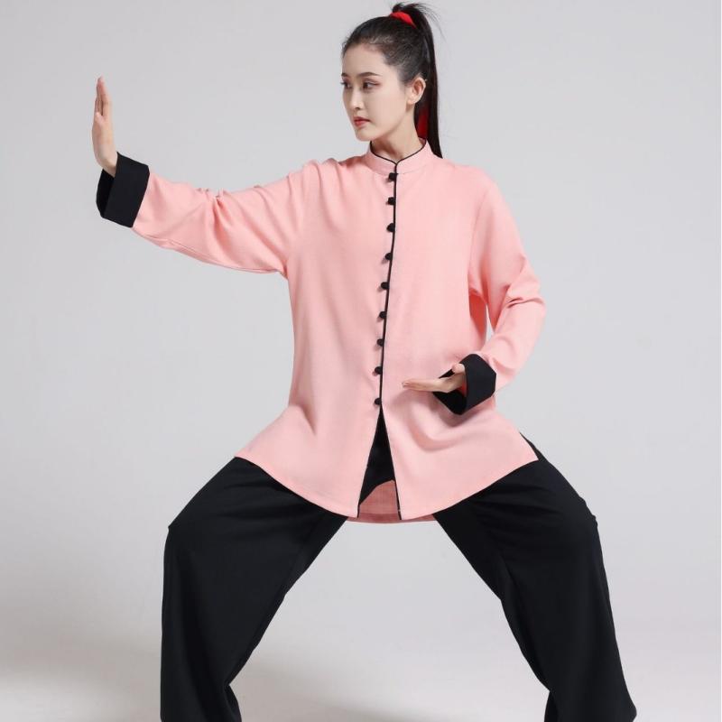 太極服 男女兼用 ユニセックス ストレッチ 綿麻混紡 武術服 演武服 八段錦 練習着 稽古着 カンフー服 中国式 チャイナ服 春夏秋 ピンク 黒