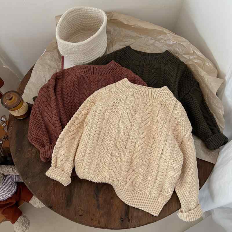キッズ 子供服 セーター 男の子 女の子 綿 コットン ケーブル編み アラン編み プルオーバー 丸首 長袖 無地 韓国風 柔らかい肌触り 通園 通学 普段使い 秋冬春 オリーブグリーン ブラウン アイボリー