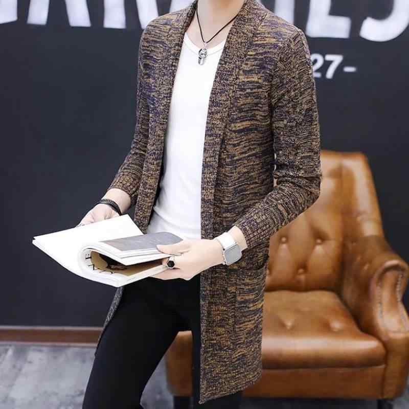 カーディガン メンズ 男性用 ニット 長袖 ミドル丈 Vネック スリムフィット 韓国ファッション ジャガード織り ポリエステル混紡 秋物 秋服 カジュアル アウター 羽織り