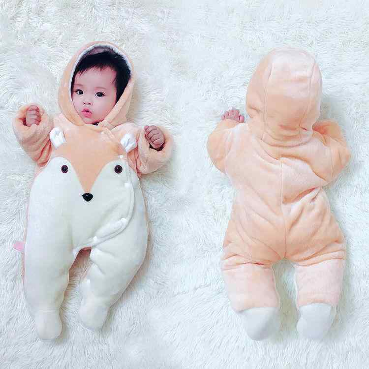 ロンパース 新生児 ベビー 男女兼用 秋冬 冬用 長袖 厚手 保温 あったか 足つき フード付き カバーオール ポリエステル 動物柄 パンダ 狐 ペンギン