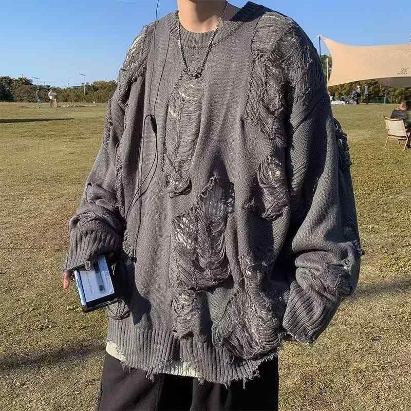 ニット メンズ フェイクレイヤード 重ね着風 ダメージ加工 クラッシュ リバーシブル 両面着用 ルーズフィット オーバーサイズ ビッグシルエット クルーネック 長袖 高級感 上品 冬物 ポリエステル混紡 イージーケア 韓国ファッション ストリート グレー
