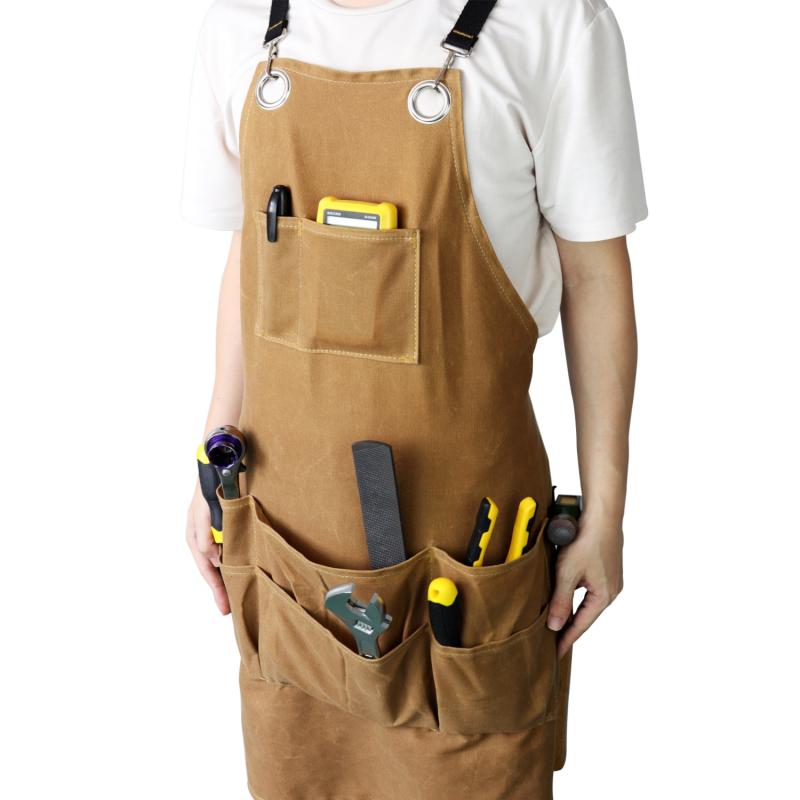 エプロン 作業用 前掛け 厚手 帆布 キャンバス 防水 撥水 パラフィン加工 ワックスコットン 多ポケット 工具収納 DIY 園芸 庭仕事 日曜大工 業務用 カフェ ガレージ 清掃 美容師 防汚 カーキ