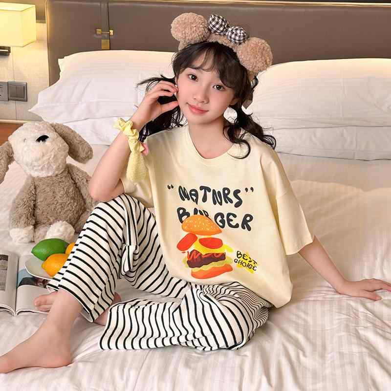 ルームウェア 女の子 キッズ ジュニア 大サイズ かわいい 外出着 普段着 綿混素材 薄手 柔らかな肌触り ストライプ柄 キャラクター柄 ゆったり 夏用 涼しい パジャマ 寝巻き 上下セット