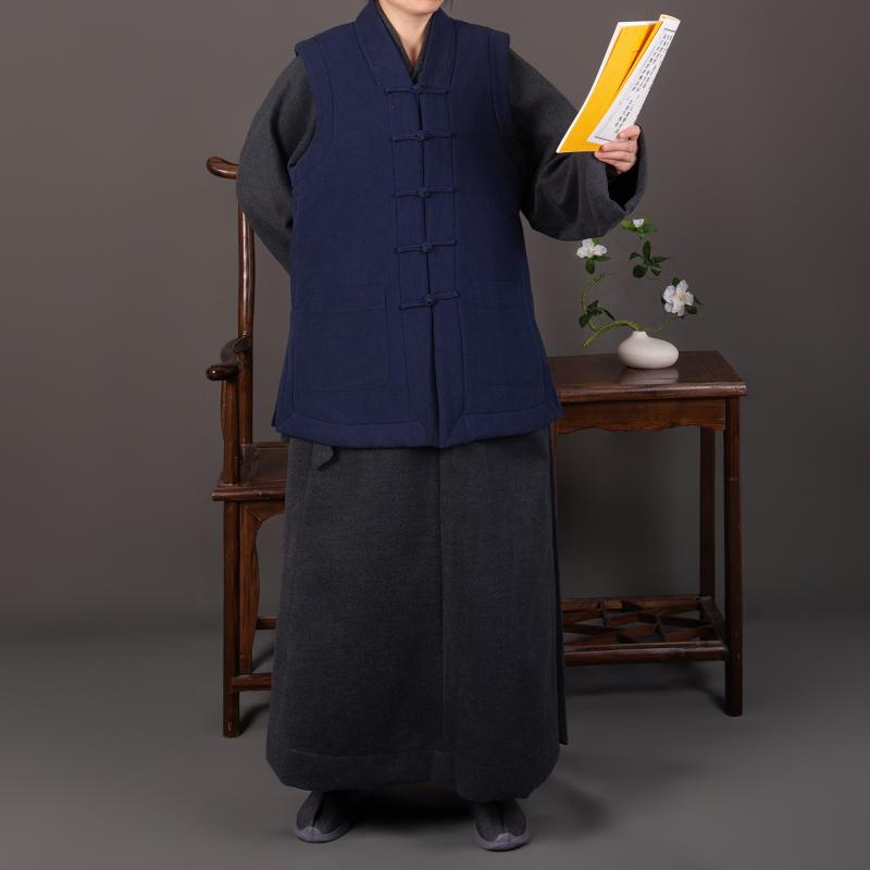 ベスト 作務衣 禅服 苧麻 ラミー混 コットン 中綿 厚手 ショート丈 防寒 冬用 濃紺 ダークブルー 禅スタイル 普段使い リラックスウェア ゆったり 快適