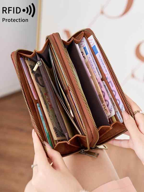 長財布 レディース メンズ ダブルファスナー RFID 大容量 ダブルレイヤー ソフト PUレザー ステッチ クラッチバッグ 無地 ビジネス 通勤 普段使い 多機能 ピンク ブラック グレー ワインレッド ピーコックブルー ブラウン