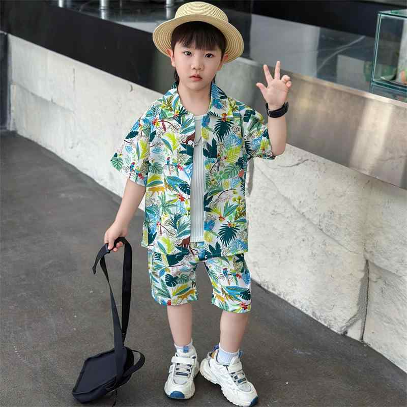 セットアップ 男の子 男児 ツーピース アロハシャツ 花柄 半袖トップス ロングパンツ 長ズボン ビーチ リゾート 旅行 夏休み レジャー 普段着 カジュアルスタイル 薄手 軽量 ポリエステル 柔らかい肌触り