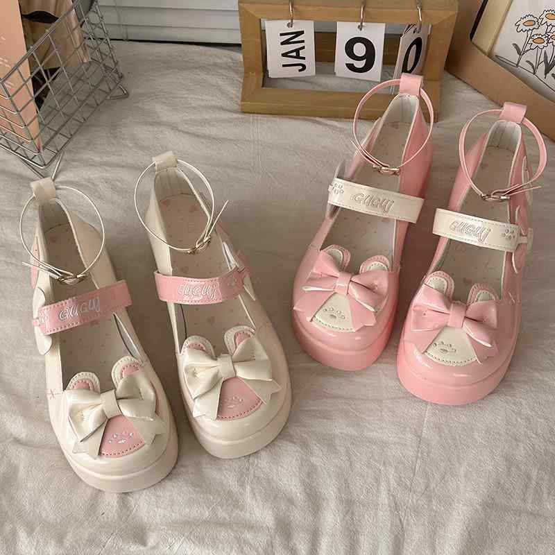 パンプス レディース ロリータシューズ ロックテイスト 厚底 プラットフォーム かわいい フェミニン ラウンドトゥ リボン ワンストラップ PUレザー フェイクレザー ラバーソール ミドルヒール 春夏 カジュアル アイボリー ピンク