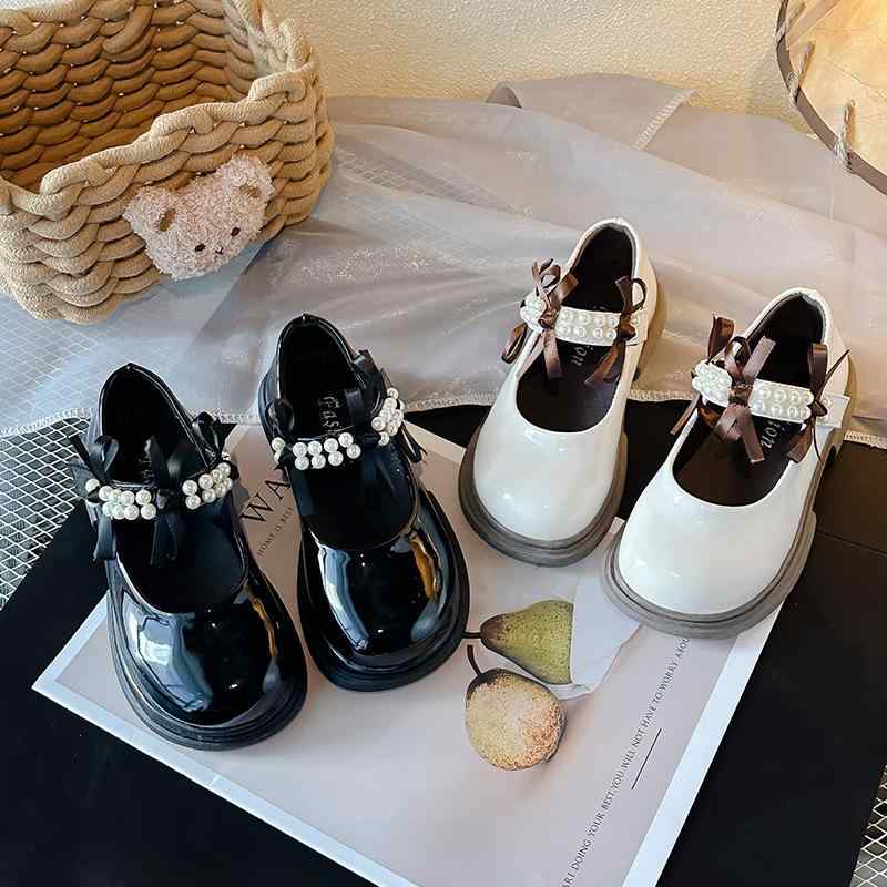 パンプス キッズ 女の子 ロリータ パール リボン フェイクレザー ストラップ マジックテープ フラットシューズ プリンセス JKスタイル フォーマル 発表会 結婚式 通学 普段使い ブラック ベージュ