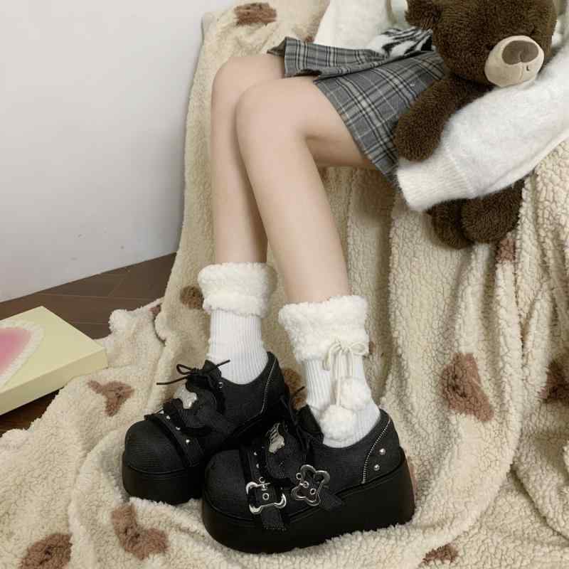 厚底シューズ レディース 女性用 ラウンドトゥ レースアップ プラットフォーム ボリュームソール レトロ JK ロリータ パンク ゴシック ストリートスタイル デイリー カジュアル フェイクレザー ブラック 黒