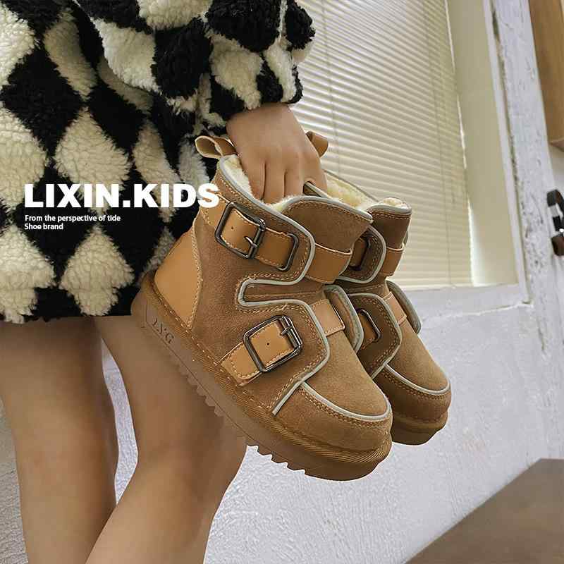 ブーツ キッズ 子供用 男の子 女の子 冬用 スノーブーツ 本革 リアルレザー スエード調 防寒靴 厚手 あったか バイカー風 反射材 リフレクター ショートブーツ おしゃれ 雪遊び カジュアル ブラック キャメル
