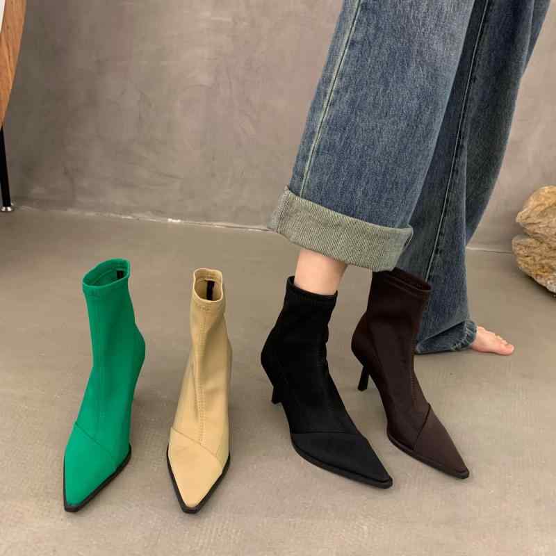 ショートブーツ レディース 女性用 ポインテッドトゥ ピンヒール ハイヒール 細見え スキニーブーツ ストレッチ 伸縮性 欧米風 きれいめ 上品 通気性 布地 メッシュアッパー 黒 ダークブラウン