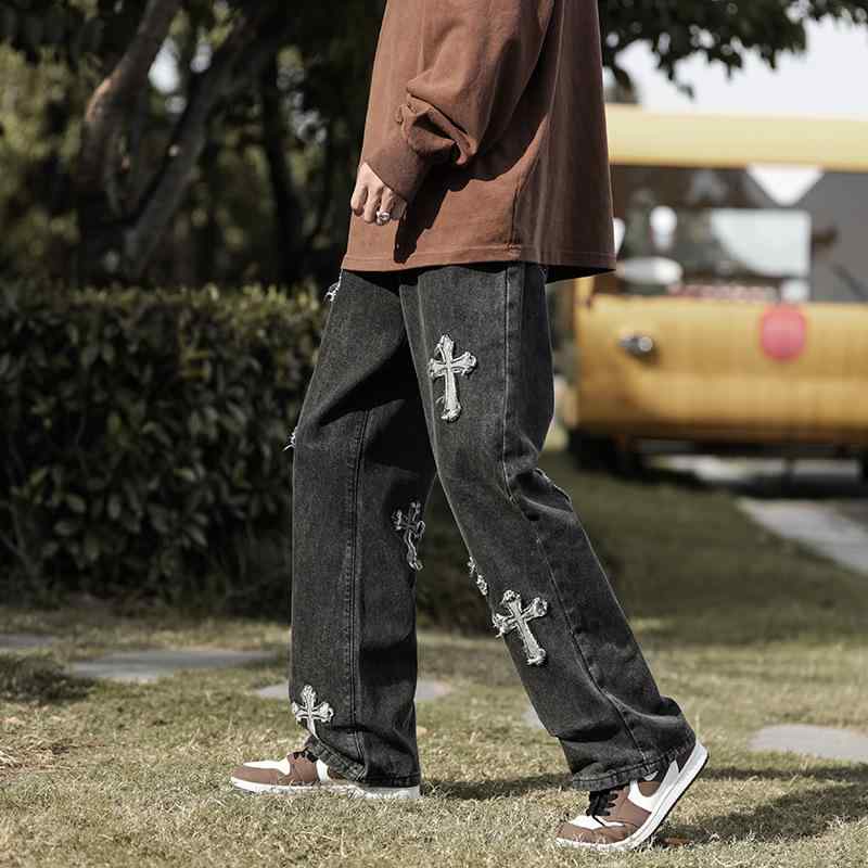 デニムパンツ メンズ 十字架パッチ レトロ ヴィンテージ アメカジ カジュアル ゆったり ストレート ジーンズ 男性用 ストレッチ チャコールグレー ブルー
